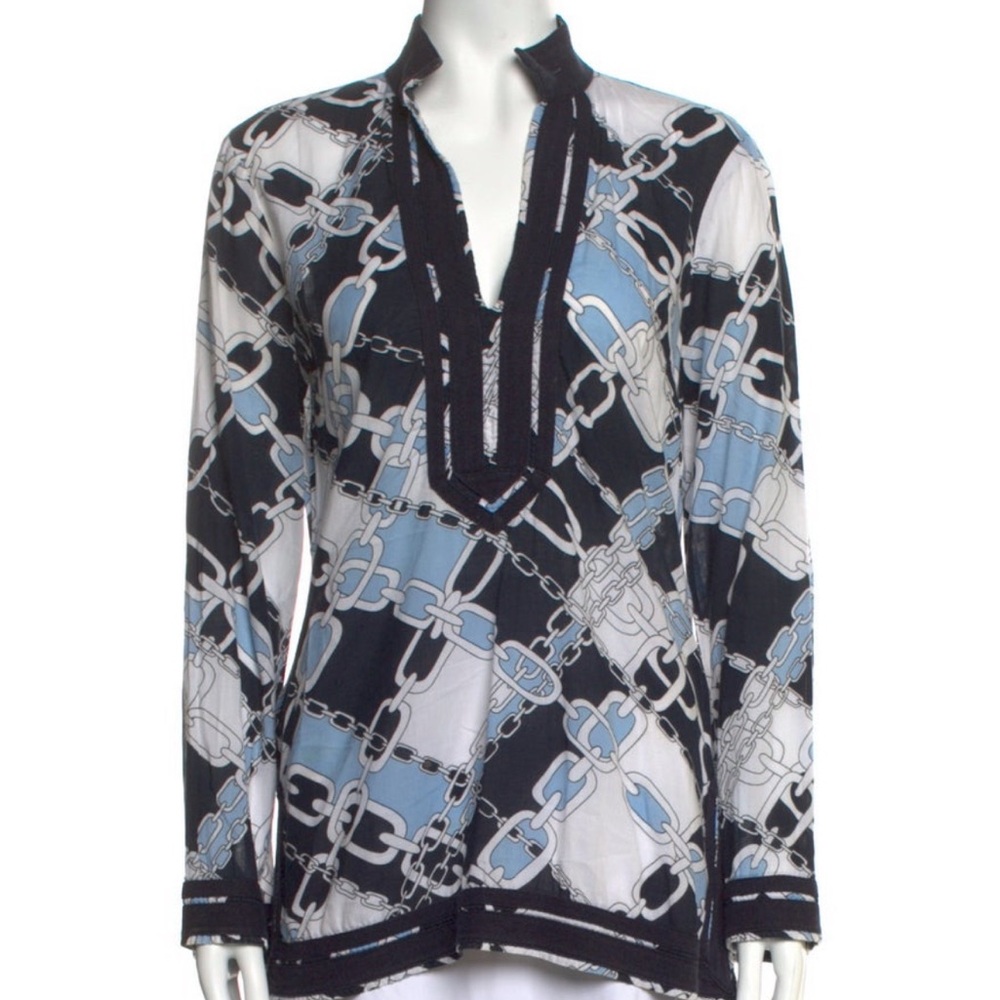 TORY BURCH Blue & White Chain Print Tunic Top - Size 10